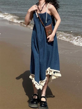 2023 Летнее пляжное платье Французский стиль Синее платье на подтяжках Леди Студентки Fairycore Кисточка Deigner Платья миди без рукавов
