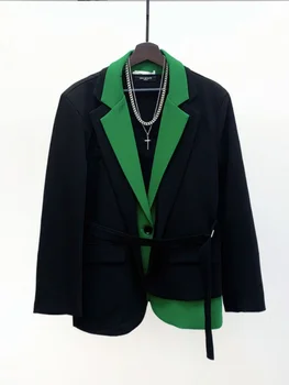 2023 Новый мужской пиджак контрастного цвета поддельный из двух частей свободная мода повседневный костюм воротник с однобортным мужским блейзером L42