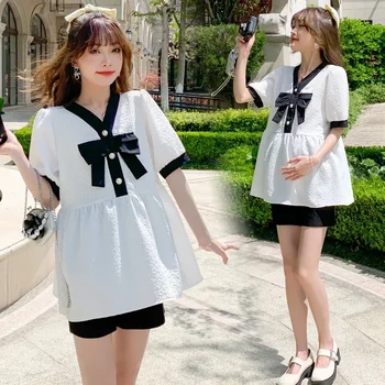 корейский стиль комплект одежды для беременных однотонный топы с коротким рукавом и квадратным воротником + шорты для живота Twinset Брюки для беременных женщин Костюмы