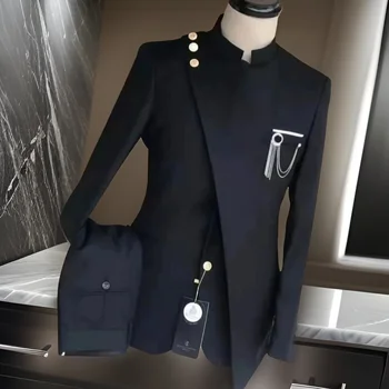 Костюмы в итальянском стиле для мужчин с воротником-стойкой 2 шт. Деловая куртка с брюками Мужская мода Свадебный жених Смокинг на заказ