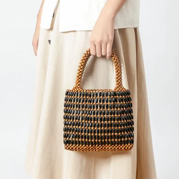 летняя модная деревянная сумка ручной работы из бисера, женская сумка с полым дизайном, женская сумка из холста, пляжная сумка, сумка